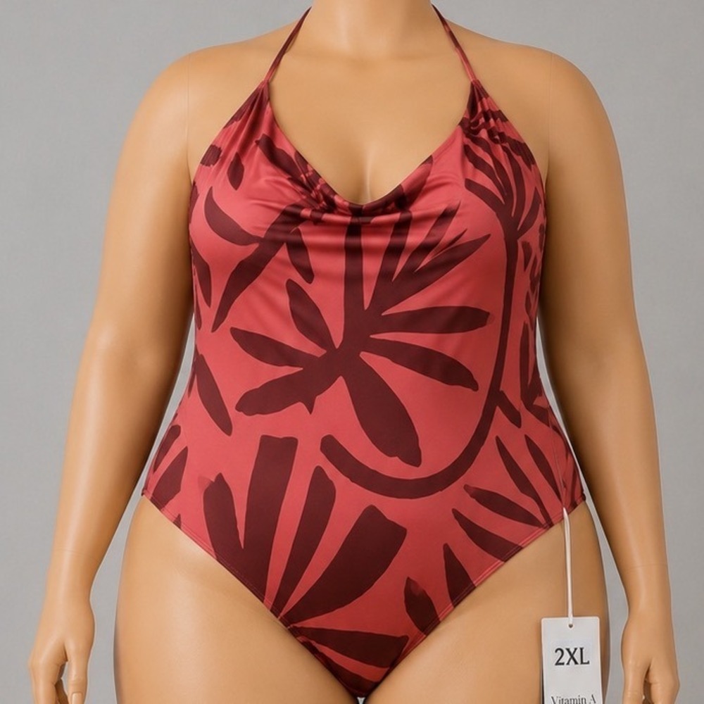 Vitamin A Rose Mahogany Palm Print Halter One Piece Swimsuit XXL Sustainable